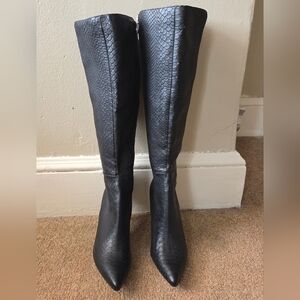 Black Faux Snakeskin Knee-High Boots